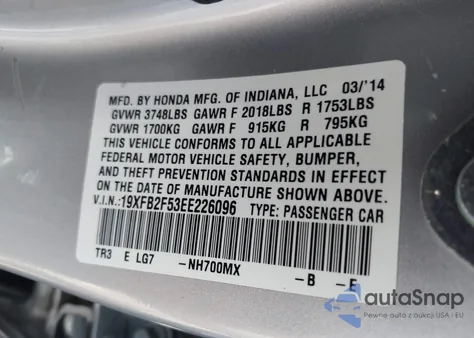 2014 Honda Civic Lx from USA, damaged, VIN 19XFB2F53EE226096